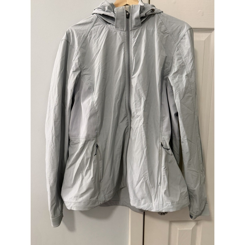 Kuhl Full Zip Windbreaker Women Sz 1X Blue Gray Removable Hood Outdoors